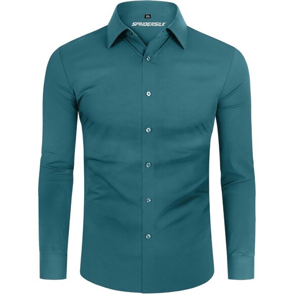 Men's Turquoise Long Sleeve Slim Muscle Fit Wrinkle Free Button Down Dress Shirt - Picture 8 of 9